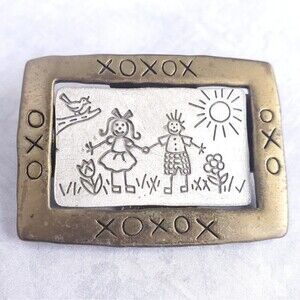 VTG Jonette Jewelry Pin Girl Boy Kids Love Friends 1.5" Two Tone Metal Brooch